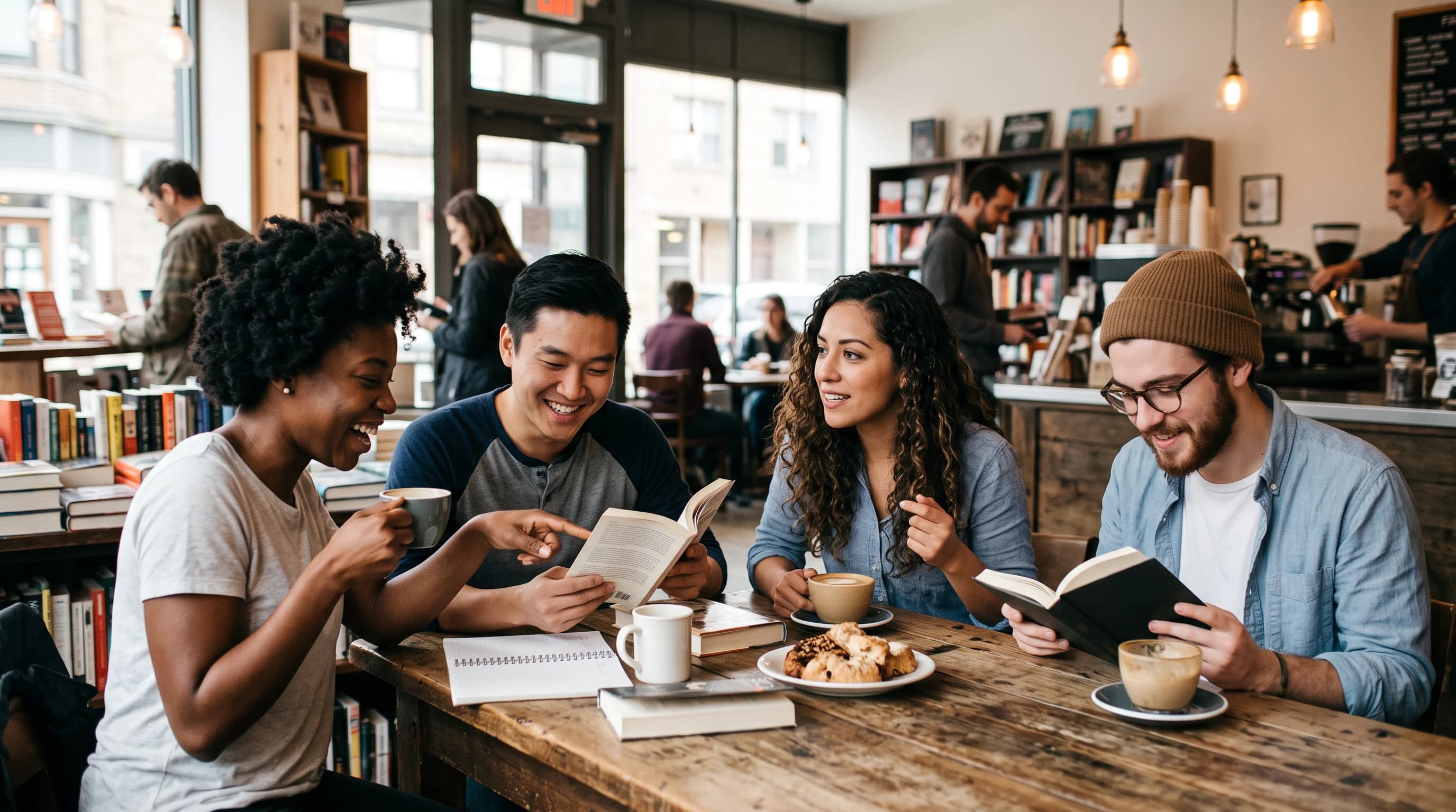 A group of readers gathered around a table in a bookstore café, reading and talking together
